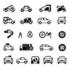 Obraz premium Car service icons set with sixteen minimal black and white icons arranged in a 4x4 grid featuring towing, repair, 24-hour, tire, washing with professional and informative