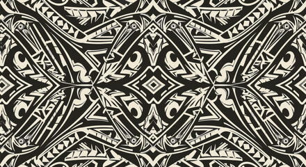 Seamless Samoan tribal pattern featuring traditional Polynesian motifs like spearheads, triangles, and shark teeth. Black and white geometric symmetrical ethnic tattoo vector design.