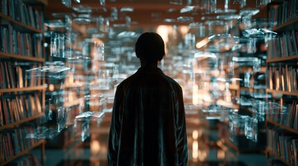 Obraz premium A person stands in a library surrounded by holographic digital interfaces, blending knowledge and futuristic technology.