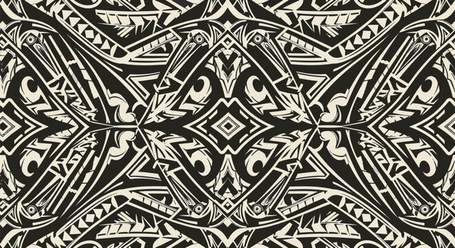 Seamless Samoan tribal pattern featuring traditional Polynesian motifs like spearheads, triangles, and shark teeth. Black and white geometric symmetrical ethnic tattoo vector design.