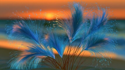 Fototapeta premium Oceanfront sunset majestic fronds warm amber sky mindfulness serenity close up coastal dream theme dynamic Manipulation sandy shore backdrop. 