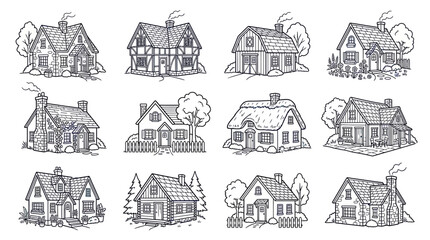 Obraz premium Set of Hand-Drawn Houses, Architectural Styles Collection