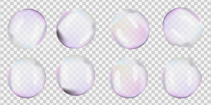 Transparent soap foam balls in air. 3D iridescent rainbow spheres and textured circles float on white png. Glass plastic mirror reflections on big bath bead. Shiny pastel blown day-dreaming bubbles