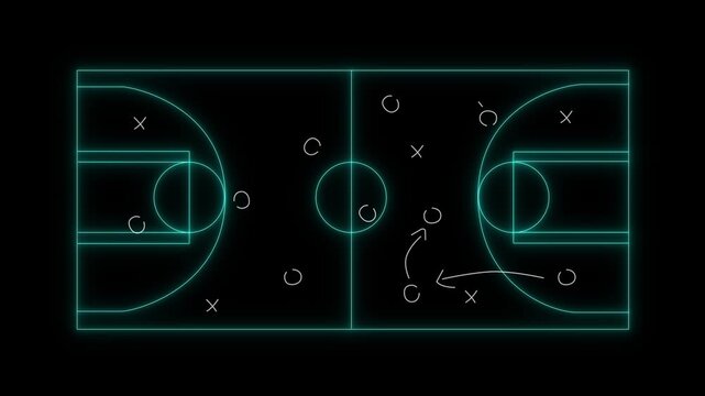Pentagon starting sports court overlay drawing, tactical X or O marks and arrows evolving for coachi Motion graphic 4k animation video.