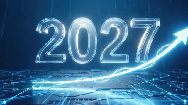 A futuristic video graphic displaying the year 2027 with a rising arrow
