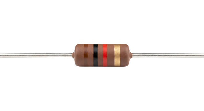 Single electronic resistor with color bands on a white background