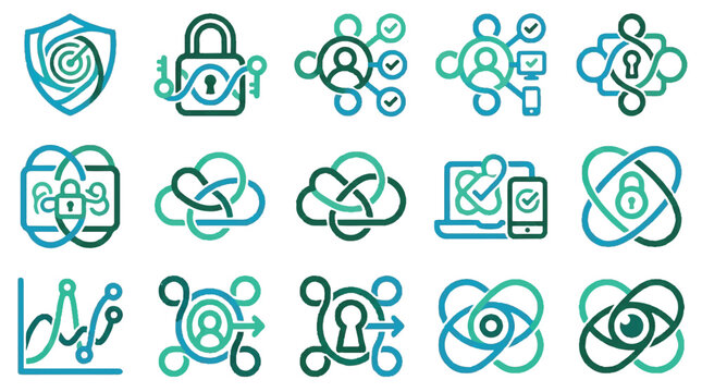 Teal and green cybersecurity network locked cloud loop vector icons