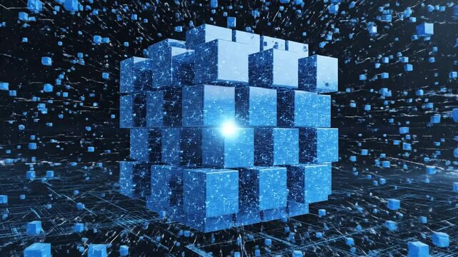 Abstract blue digital cube structure in dark space.