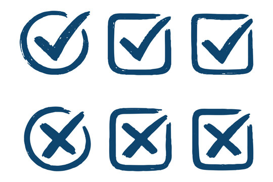 Checkmark and cross icon set, grunge check mark and cross symbols with brush style, correct and incorrect signs in square and circle shapes. Acceptable and rejected symbol vector set grunge style. 