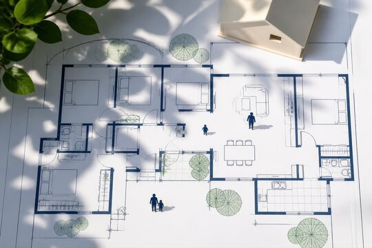 Architectural floor plan with house model and miniature trees for residential design concept