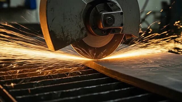 A metal cutting disc slices through a thick steel plate in a workshop