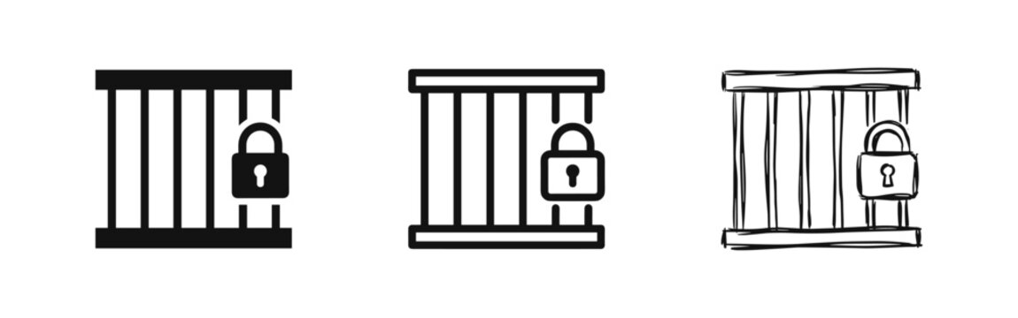 Prison cell bars with padlock icon set, jail security concept, linear and hand drawn styles