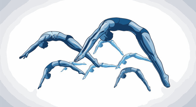 Set of blue stylized vector silhouettes of divers jumping and backbending in mid-air, showcasing athletic aquatic maneuvers against a clean white background for sports design.
