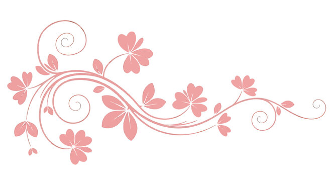 Pink floral swirl illustration featuring curved vines, heart-shaped leaves, and decorative scrolls on a white background. Minimalist botanical ornament for stationary or border design.