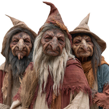 Portrait of three elderly witches in pointed hats and rustic clothing isolated on transparent or white background, png