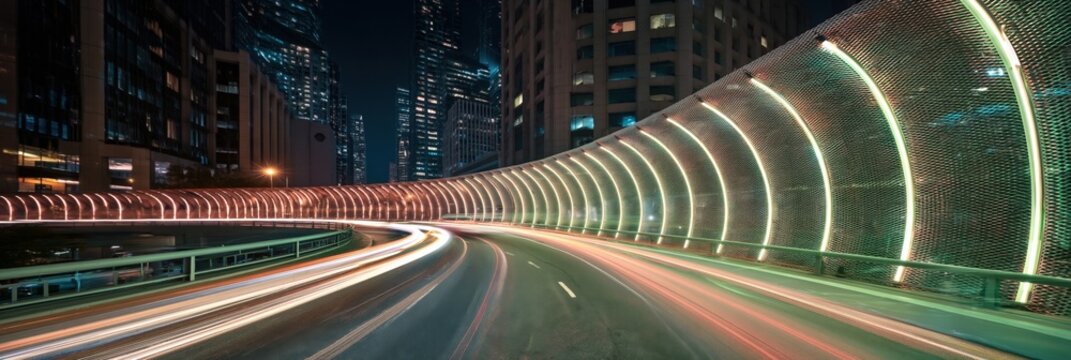 Curving urban tunnel with skyscraper skyline and light trails night