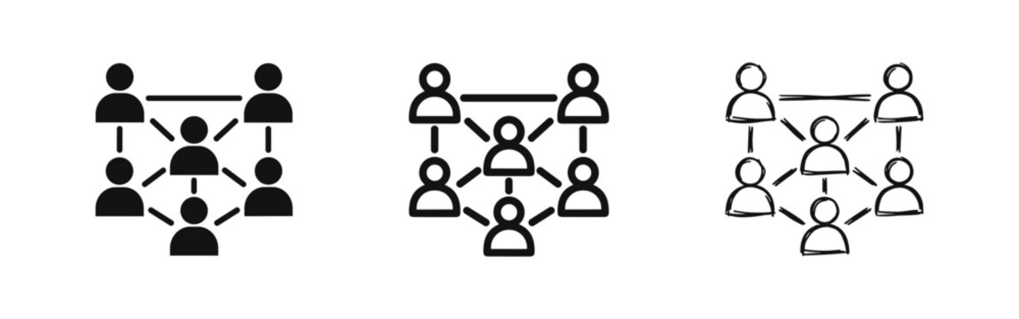 Social network or team structure icons set, organizational chart, connection and communication vector