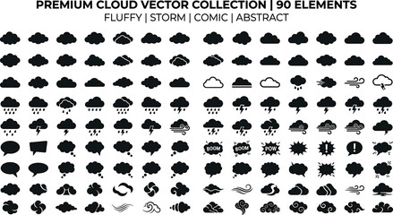 Premium collection of ninety cloud vector icons featuring fluffy weather shapes storm silhouettes comic speech bubbles and abstract elements isolated on white background. © AFSANA AKTER