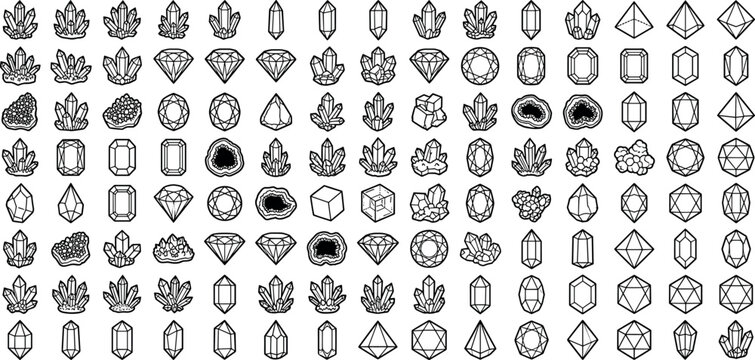 Collection of crystal line art icons magical gemstone clusters and diamond geometric shapes isolated on white background vector illustration for graphic design.