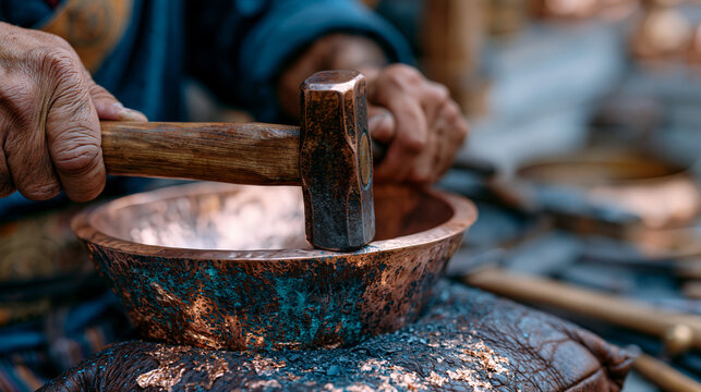 Coppersmith artisan hammering raised vessel form on leather sandbag in traditional metalworking studio, aftermath of hours of work visible in shaped copper, artisan craft production, handmade metalw