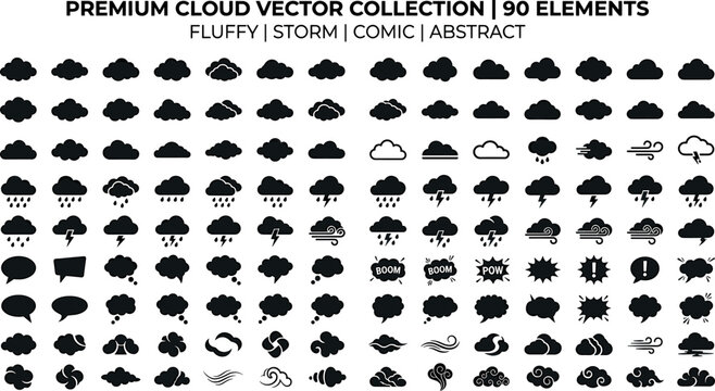 Premium collection of ninety cloud vector icons featuring fluffy weather shapes storm silhouettes comic speech bubbles and abstract elements isolated on white background.