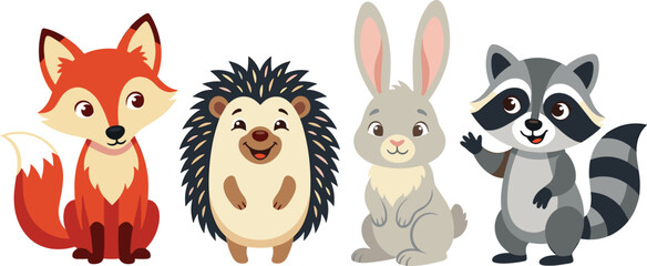 Naklejka premium Cute cartoon woodland animals set with fox hedgehog rabbit and raccoon for children book vector illustration
