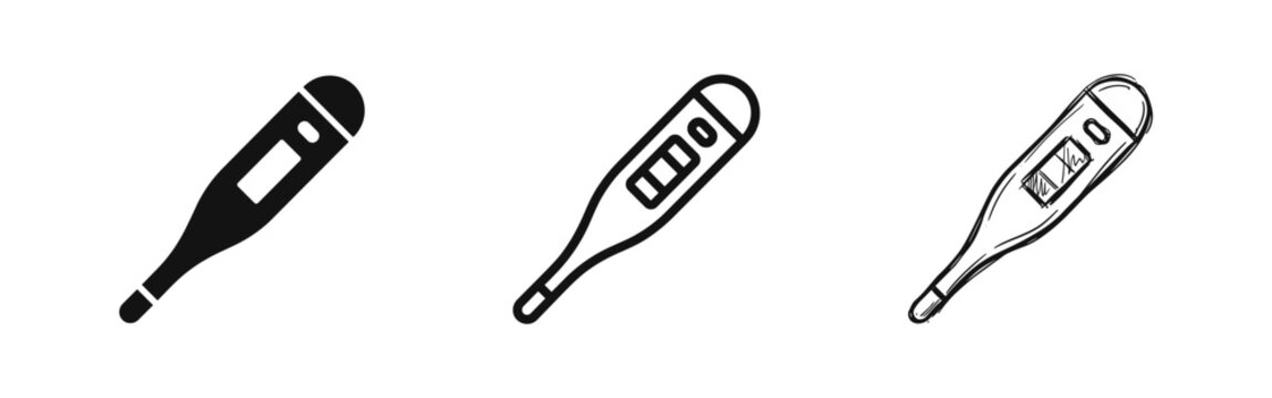 Digital thermometer icon set in three styles: solid, outline and sketch