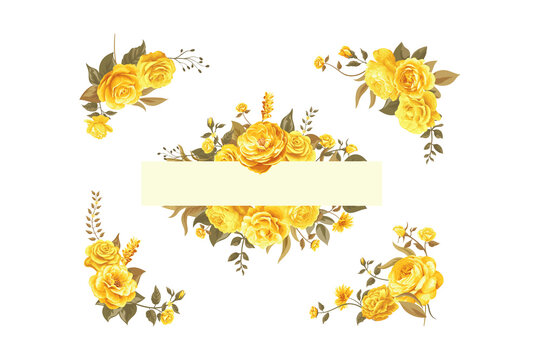 Collection of hand painted watercolor yellow rose floral arrangements with decorative foliage and leaves isolated on a transparent background