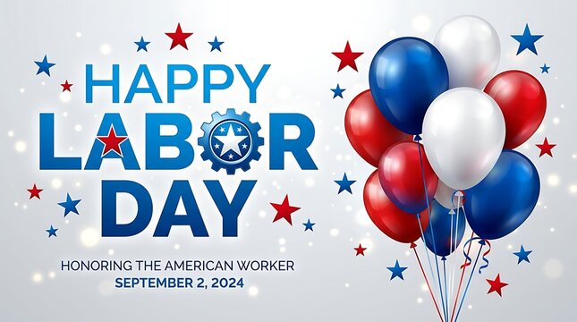 Happy Labor Day celebration with red white and blue balloons and stars vector illustration