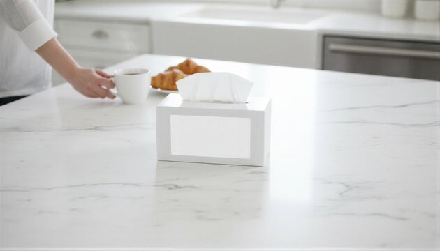Elegant white tissue box with label on a sunlit marble breakfast island