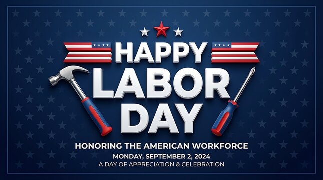 Happy Labor Day celebration graphic with hammer and tools on blue pixel background