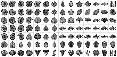 Collection of prehistoric fossil silhouettes ammonite shells skeletal trilobites ancient fish sharks teeth and botanical leaves isolated on white background. © AFSANA AKTER