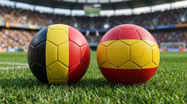 Belgium vs Spain Football Match Concept &ndash; Two Soccer Balls with National Flags on Green Pitch in a Blurred Stadium