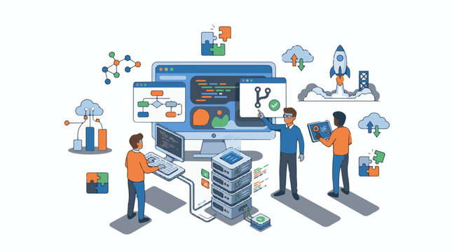Software development team collaborates on project launching innovations