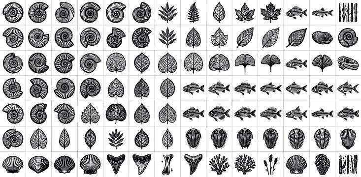 Collection of prehistoric fossil silhouettes ammonite shells skeletal trilobites ancient fish sharks teeth and botanical leaves isolated on white background.