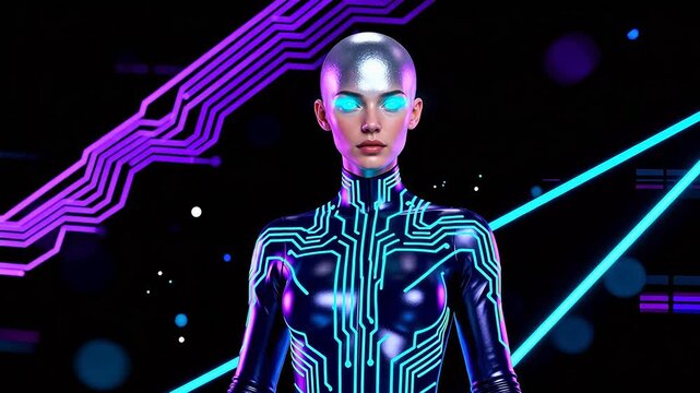Cybernetic humanoid with glowing circuit design