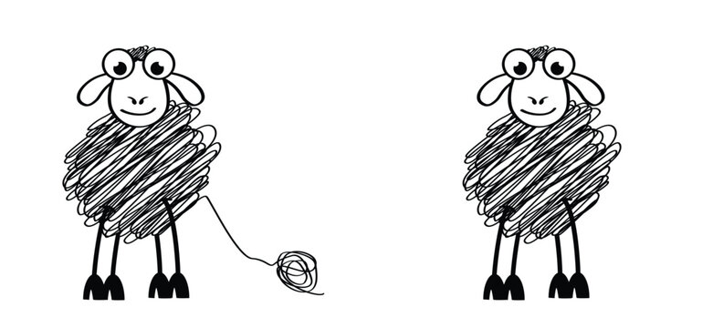 Cartoon, comic cute black and white sheep stickman and ball of wool. sheep icon. Drawing black sheep lamb sign or pictogram. Stick figure character. Happy animal face.