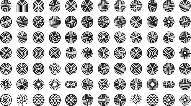 Comprehensive collection of fingerprint silhouettes abstract circular line spirals maze patterns and biometric security icons isolated on white background.