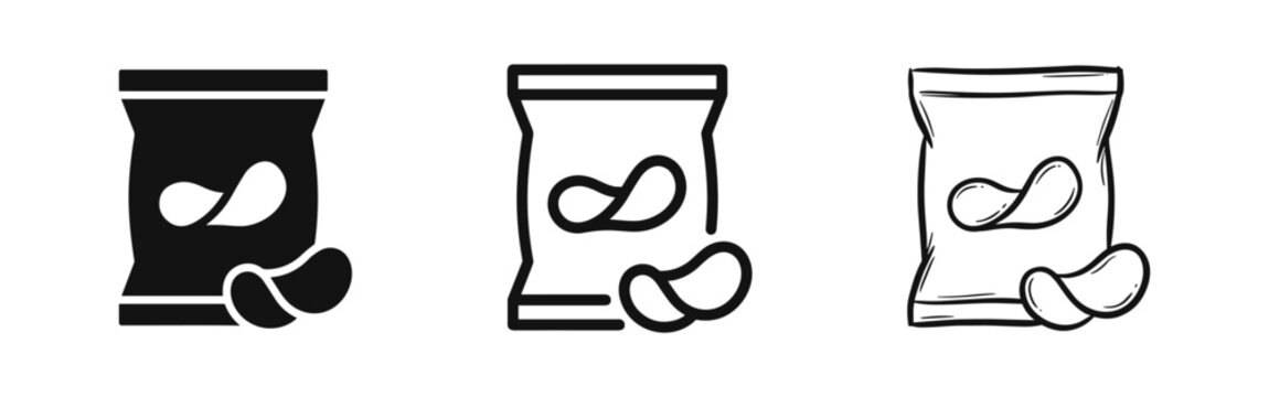Potato chips snack bag icon set, fast food packaging design