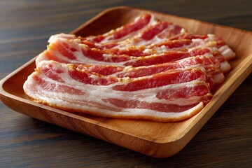 Obraz premium Raw bacon strips laid out on wooden serving tray on table