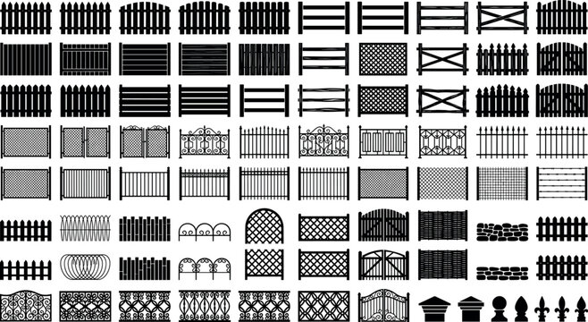 Large collection of black fence silhouettes featuring wooden pickets metal iron gates and garden barriers isolated on white background vector illustration.