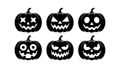Obraz premium Halloween pumpkin icons set, flat black jack-o-lantern silhouettes with spooky faces, vector illustration isolated on white background for autumn holiday design