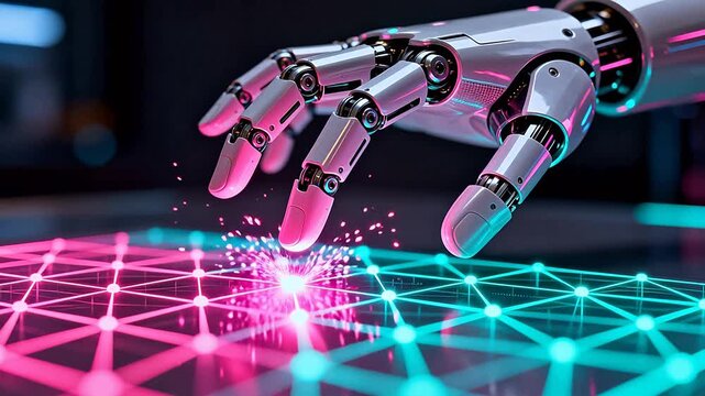 Robot hand interacting with digital network