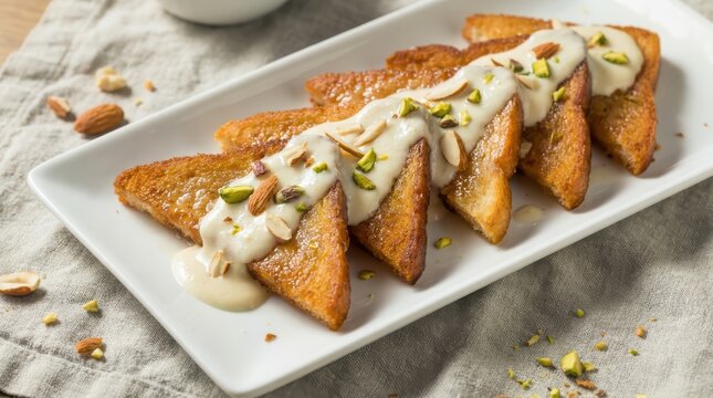 Shahi tukda, a classic indian dessert made of fried bread slices soaked in sweetened milk and topped with nuts