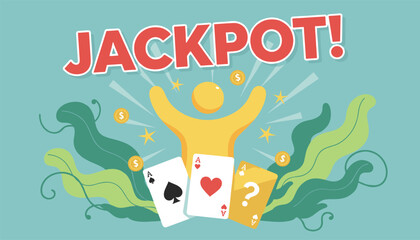 Fototapeta premium Golden jackpot winner celebration design featuring playing cards, flying coins, and organic green plant leaves.
