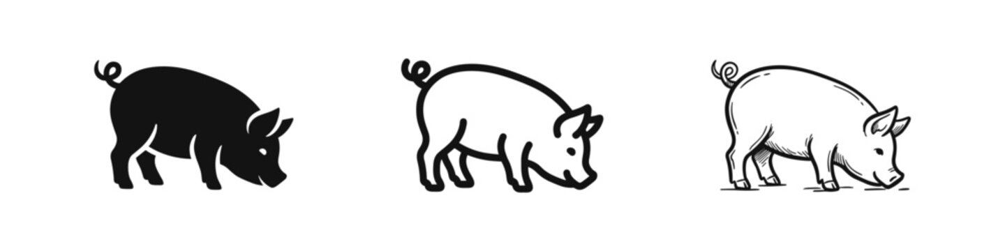 Pig icon set in solid, outline and sketch styles