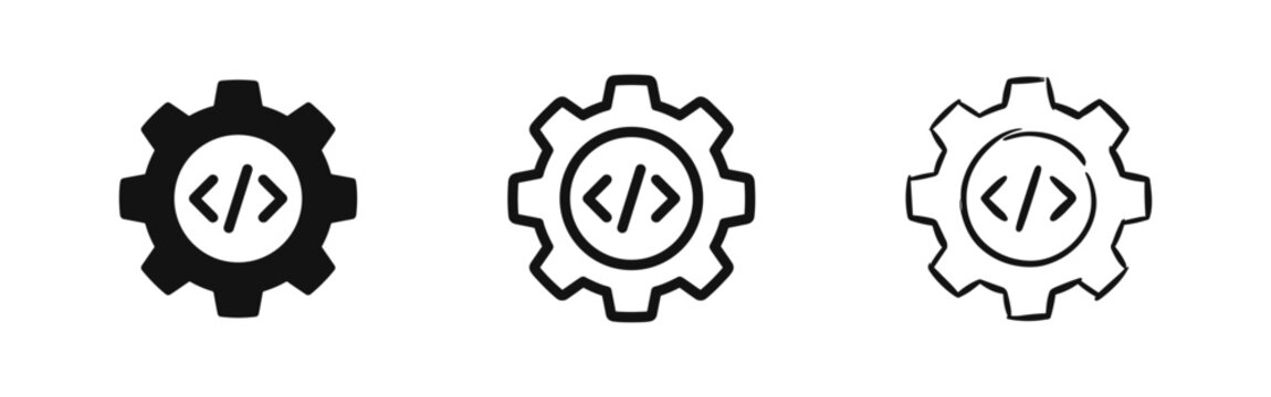 Coding and development gear icon set, programming symbols in solid, line and sketch styles