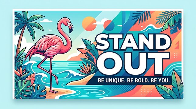 A clean vector banner with bold lettering next to a pink flamingo