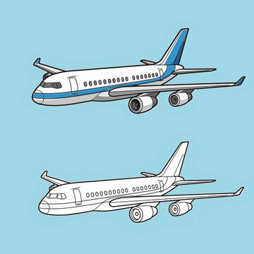 Illustration of two twin-engine passenger airplanes in cartoon style, featuring one colored version with blue accents and one black and white line art version on light blue background.