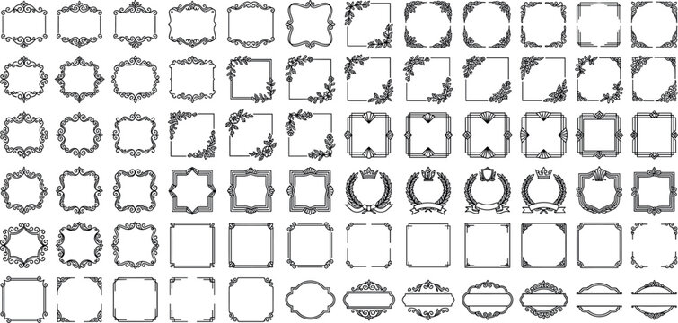 Collection of vintage calligraphic frames ornate wedding borders botanical labels and classical luxury certificate line dividers isolated on white background.
